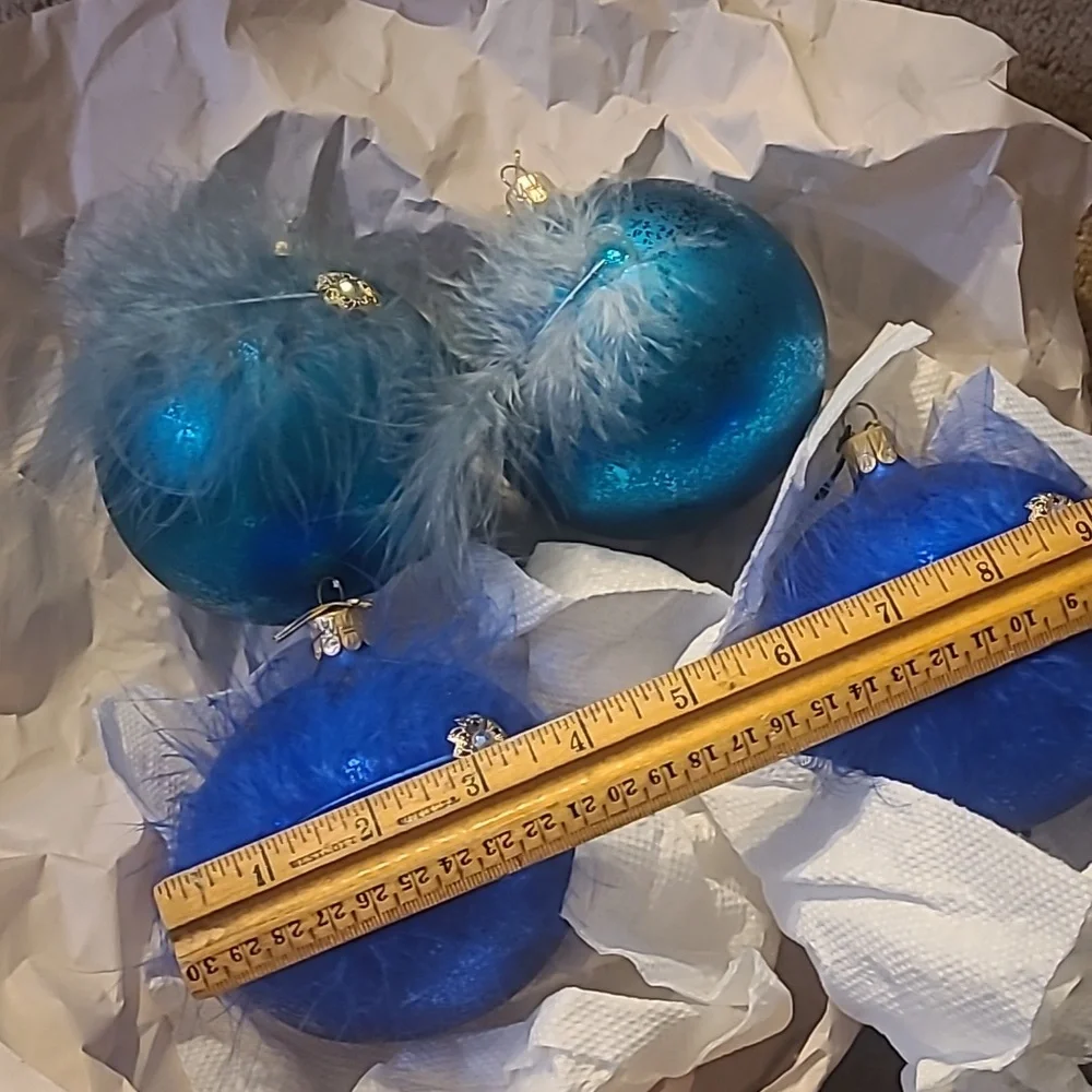 Set of 4 blue fancy whimsical feather decorative ornaments